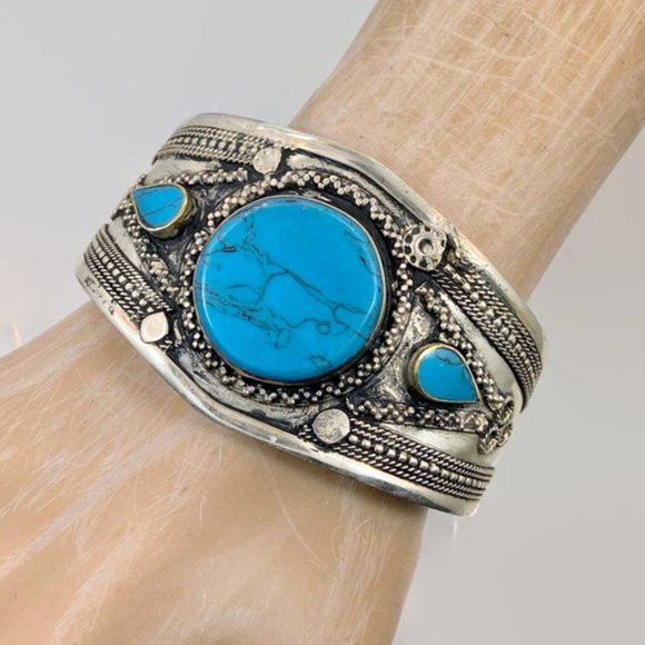 Boho Bracelet, Kuchi Cuff, Afghan, Composite Turquoise, Vintage, Middle Eastern